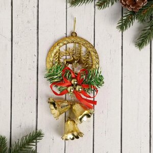 Украшение новогоднее 'Колокольчик олень в лесу' 9х18 см, красно-золотой