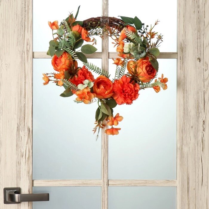 Венок на дверь интерьерный 'Оранжевые цветы' 32х7х32 см от компании Интернет-магазин "Flap" - фото 1