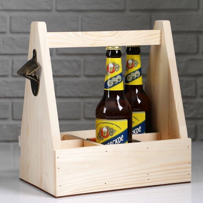 Ящик для пива 27x18x30 см  с открывашкой, под 6 бутылок, деревянный от компании Интернет-магазин "Flap" - фото 1