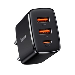 Зарядное устройство Baseus Compact Quick Charger 2*USB+USB-C, 3A, 30W, черный