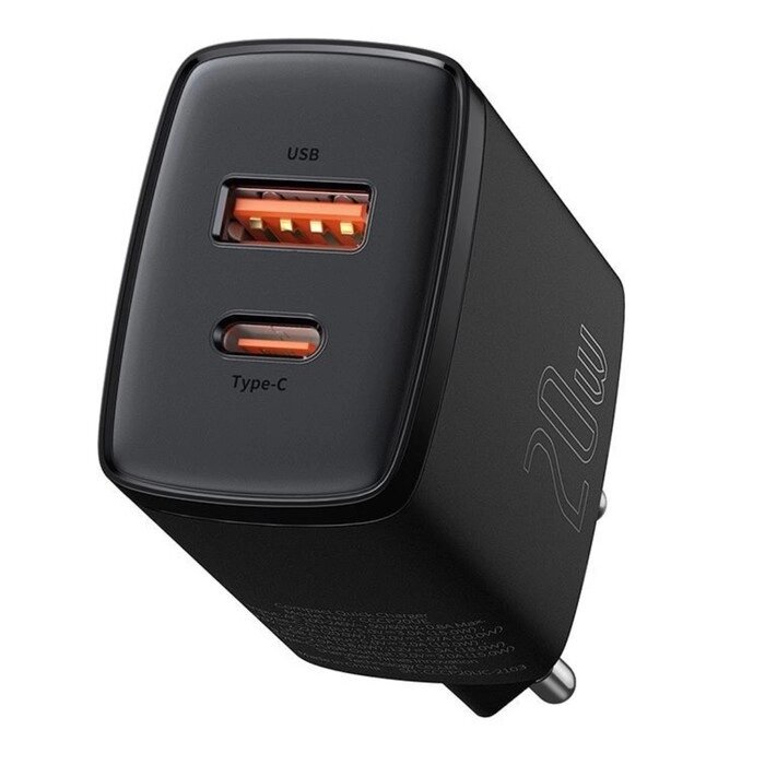 Зарядное устройство Baseus Compact Quick Charger USB+Type-C, 3A, 20W, черный от компании Интернет-магазин "Flap" - фото 1