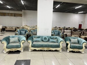 Мягкая мебель Честер (диван + кресла) Дагестан слоновая кость/бирюза