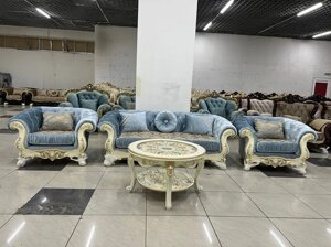 Мягкая мебель Честер (диван + кресла) Дагестан слоновая кость/голубой