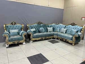 Мягкая мебель Фараон (диван угловой + кресло) Дагестан золото/бирюза