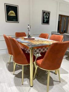 Обеденный комплект Виктория (Viktoriya) (стол+стулья 6 шт) Arimax черный/коричневый/золотой/оранжевый