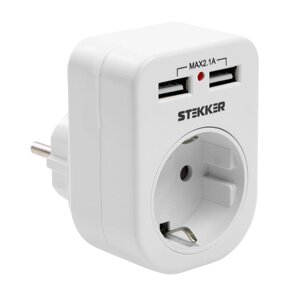 Переходник сетевой с/з c 2 USB 2,1а, stekker ADP16-24-20, 250в, 16A, IP20, белый