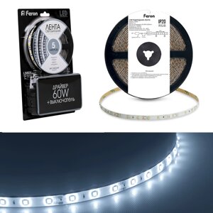 Светодиодная LED лента Feron LS606, 60SMD (5050)/m 14.4W/m 12V 3m 6500К с адаптером с вилкой в комплекте