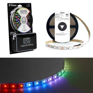 Светодиодная LED лента Feron LS606, 60SMD (5050)/m 14.4W/m 12V 5m RGB c адаптером с вилкой, контроллером с пультом в