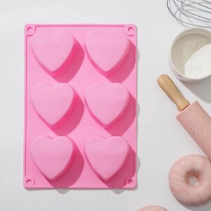 УЦЕНКА Форма силиконовая для выпечки Доляна «Сердце», 26,518 см, 6 ячеек, цвет розовый