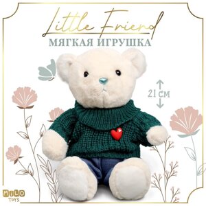 Мягкая игрушка Little Friend, мишка в зеленом свитере, 21 см