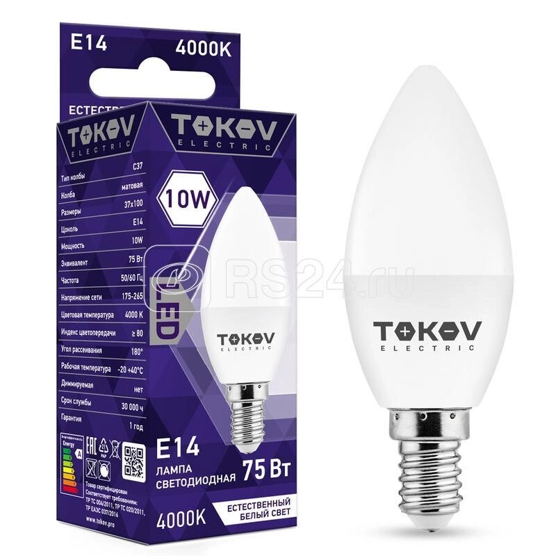 Лампа светодиодная 10Вт С37 4000К Е14 176-264В TOKOV ELECTRIC от компании ТОО "Наурыз Астана" - фото 1