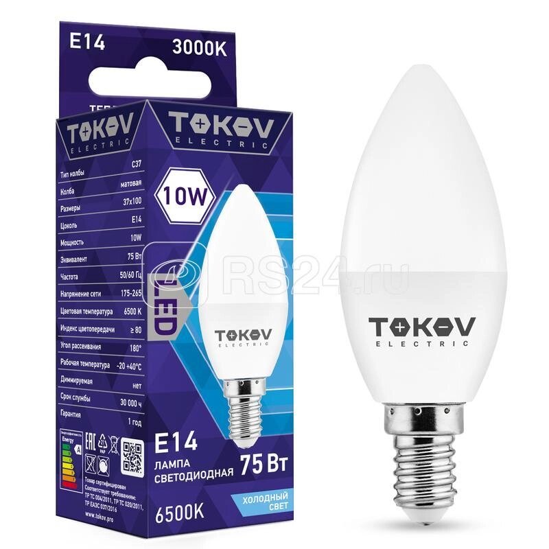 Лампа светодиодная 10Вт С37 6500К Е14 176-264В TOKOV ELECTRIC от компании ТОО "Наурыз Астана" - фото 1