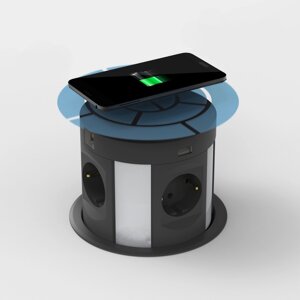 Выдвижной настольный розеточный блок на 4 розетки 200B, 2 USB розетки, 2 RJ45 розетки, беспроводная зарядка