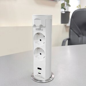 Shelbi Выдвижной-автоматический настольный розеточный блок на 2 розетки 220B, 1 USB, 1 Type-C, серебро