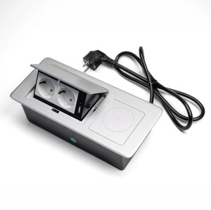 Shelbi Настольный бокс с беспроводной зарядкой, 2 розетки, 1 USB, 1 Type-C, шнур 1,5 м., серебро