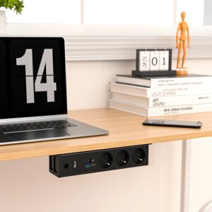 Shelbi Настольный накладной блок на 3 розетки 220B, USB, Type-C, RJ45, HDMI, чёрный