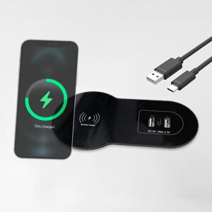 Shelbi Настольный встраиваемый бокс 2 USB, 1 Type-C, беспроводная зарядка, шнур 1,5 м., чёрный
