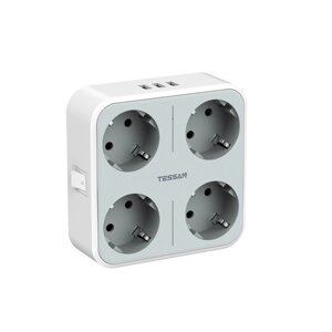 Сетевой фильтр с 4 розетками 220В, 3 USB портами и кнопкой питания, Серый, TS-302-DE, Tessan