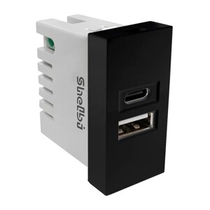 Shelbi 2- портовая USB и Type-C Розетка зарядка 45х22.5, чёрная