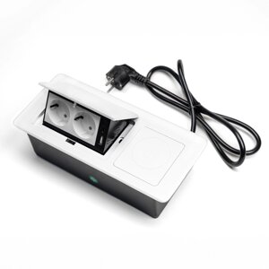 Shelbi Настольный бокс с беспроводной зарядкой, 2 розетки, 1 USB, 1 Type-C, шнур 1,5 м., белый