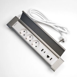 Shelbi SDO3-MULT10-S Настольный блок с крышкой, 3 розетки 200B, 1 USB, 1 Type-C, RJ45, HDMI, серебро