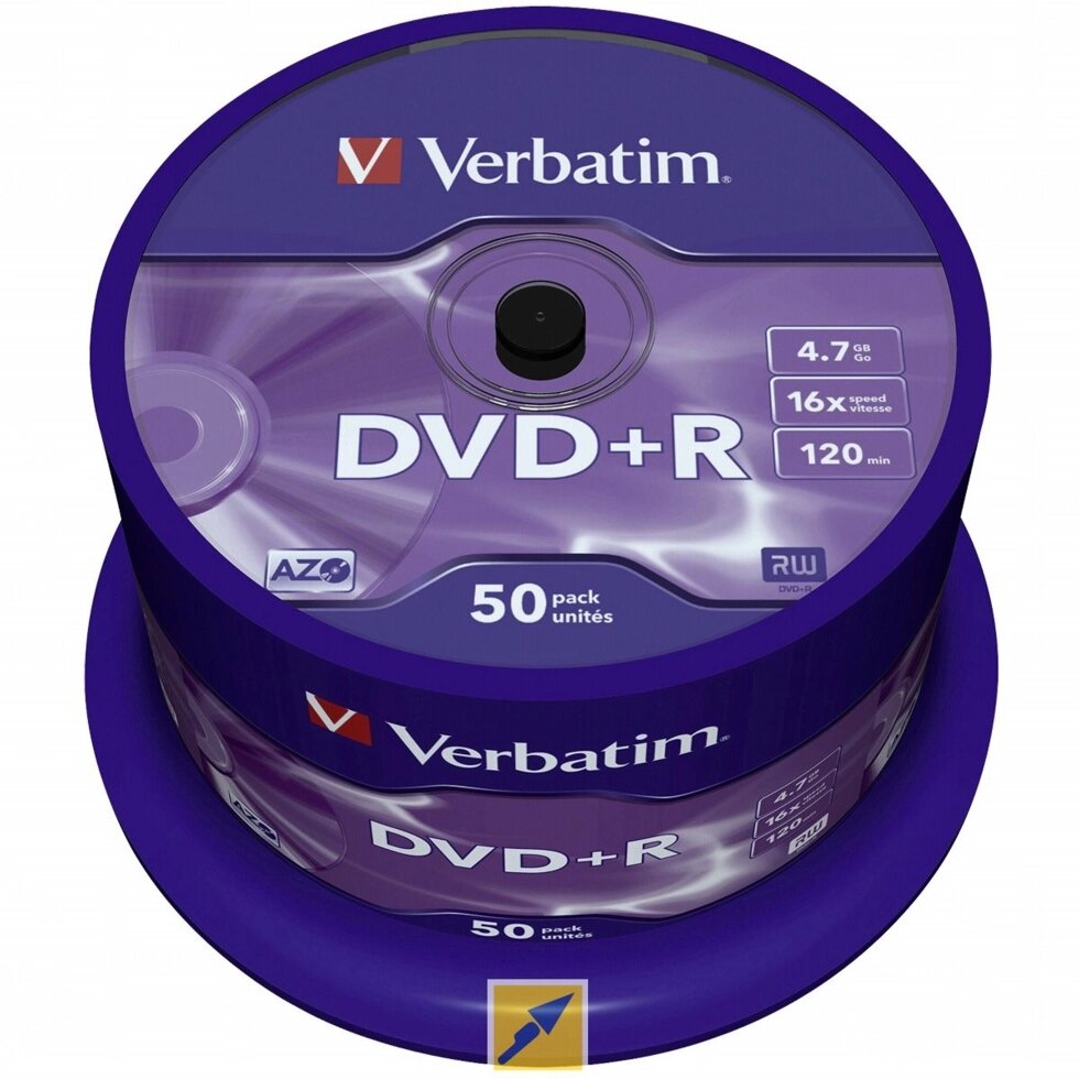 Диск DVD+R Verbatim 50 штук пачка от компании Канцелярские, хозяйственные товары, рубашки, халаты, текстиль - фото 1