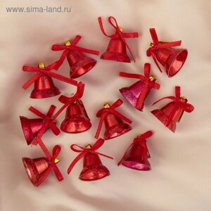 Новогодние елочные игрушки Колокольчик из пластика Красногоо цвета с золотой лентой пакет 10 шт