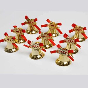 Новогодние елочные игрушки Колокольчик из пластика Золото с красным пакет 10 шт