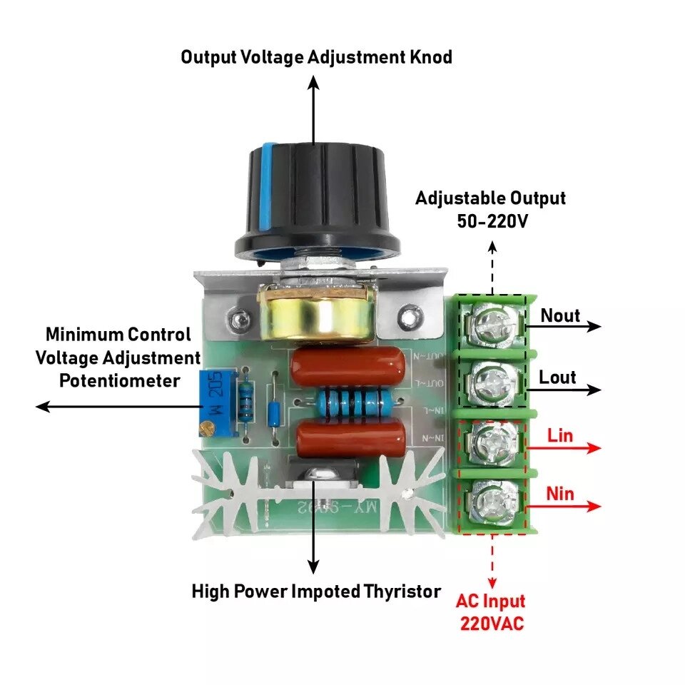 Регулятор SCR напряжения  AC110-220V up 2000ВТ в пределах 50-220В для тэнов, электроинструмента от компании ИП Орион (сервис ТОО Мастер Инк) - фото 1