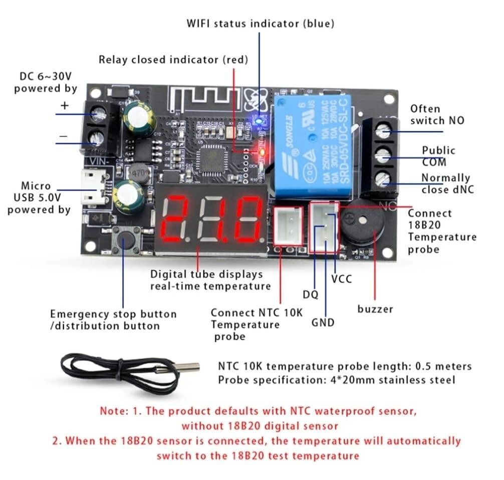 Термоконтроллер Wi-Fi XY-WFTX 6-30V цифровая индикация до 10A от компании ИП Орион (сервис ТОО Мастер Инк) - фото 1