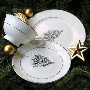 Костяной фарфор АККУ подарочный набор Новый год тарелка 21см+ч/пара (бел. золото)(12)