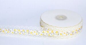 Декоративная лента для одежды с кружевами, бело-желтая с цветочками, 1.5 см (ширина)