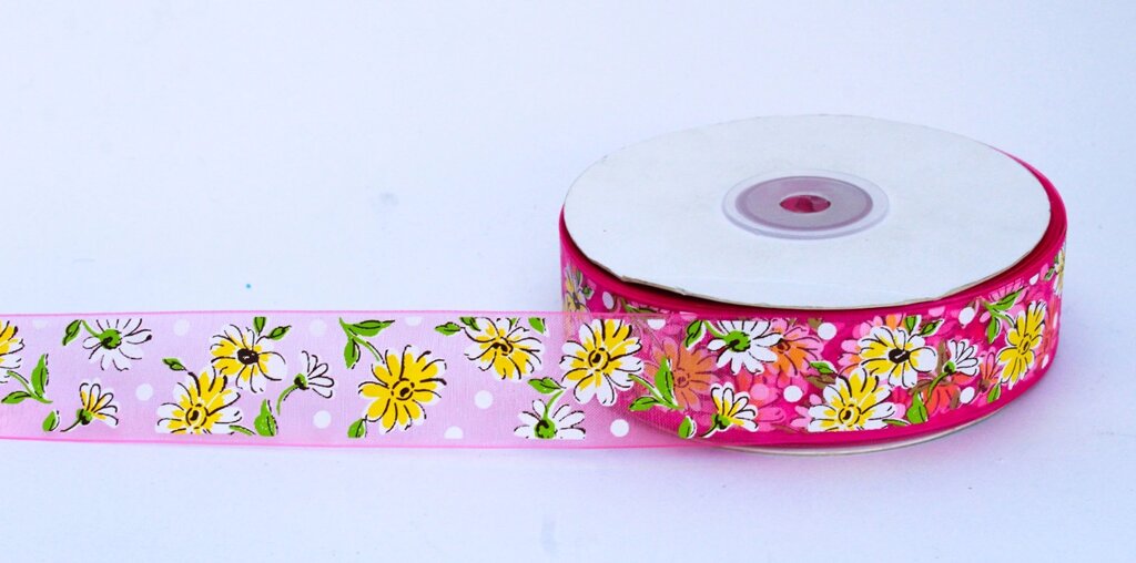 Декоративная лента из органзы полу-прозрачная, цветочки, розовая, 3 см от компании Интернет-магазин VPROK_kz - фото 1