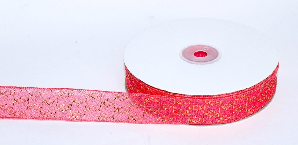 Декоративная лента из органзы полу-прозрачная с позолотой, розовая, 3 см от компании Интернет-магазин VPROK_kz - фото 1
