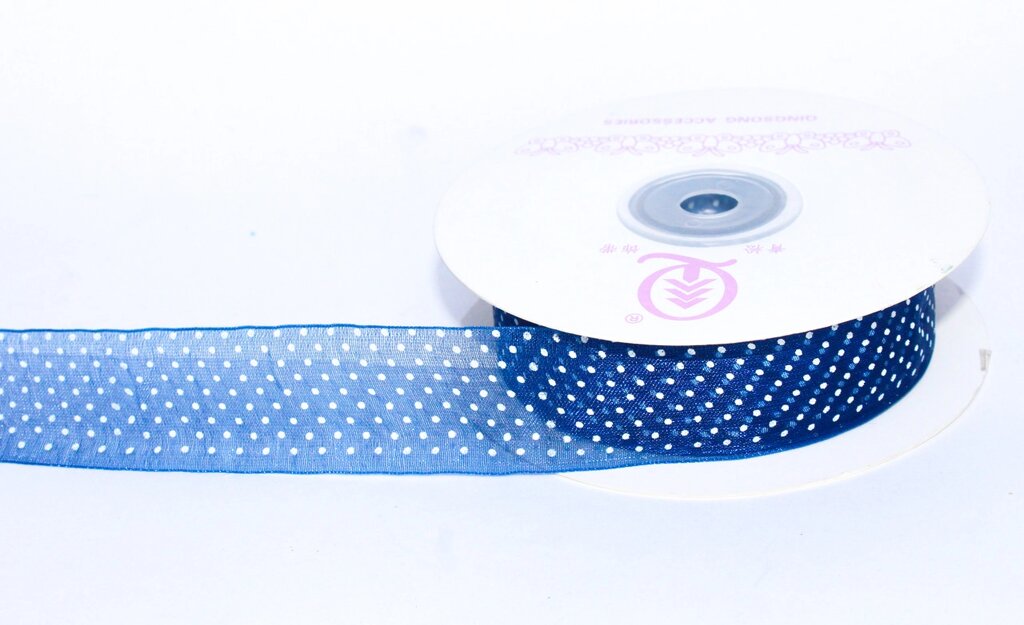 Декоративная лента из органзы полу-прозрачная, синяя в горошек, 3 см от компании Интернет-магазин VPROK_kz - фото 1