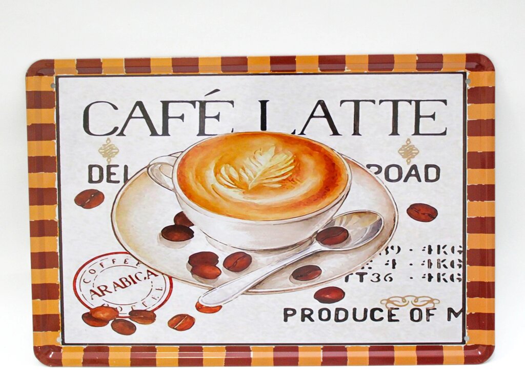 Декоративная жестяная табличка, "CAFE LATTE", 20*30 см от компании Интернет-магазин VPROK_kz - фото 1