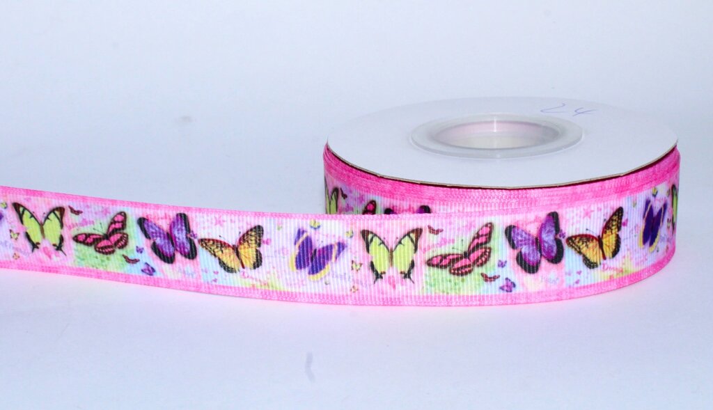Лента  репсовая (из плотной ткани), бабочки, розовая, 2 см от компании Интернет-магазин VPROK_kz - фото 1