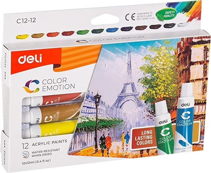 Набор акриловых красок Deli Color Emotion, 12 тюбиков, 12 мл от компании Интернет-магазин VPROK_kz - фото 1