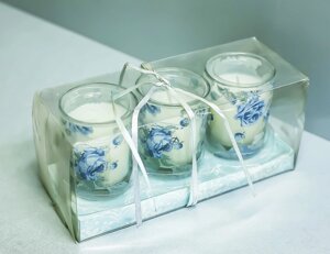 Декоративные свечи в стаканах-подсвечниках "Розы" (3 штуки)