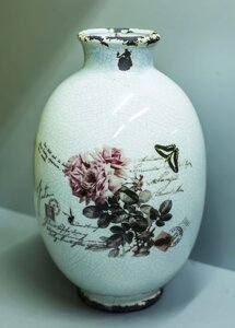 Декоративная настольная ваза "Бочка. Розы" (керамика, белая),29см