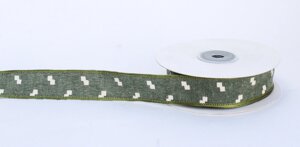 Декоративная лента, квадратики, бело-зеленая, 1.5 см