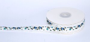 Декоративная лента для одежды с кружевами, бело-синяя с цветочками, 1.5 см (ширина)