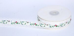 Декоративная лента для одежды с кружевами, бело-зеленая с цветочками, 1.5 см (ширина)