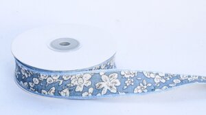 Декоративная лента, цветочки, бело-синяя