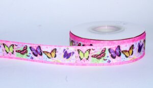 Лента репсовая (из плотной ткани), бабочки, розовая, 2 см