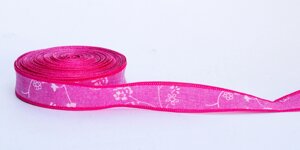 Декоративная лента, цветочки, бело-розовая, 1.5 см