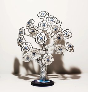 Статуэтка "Дерево от сглаза, оберег", 24*32 см, серебристый ствол, белые цветы