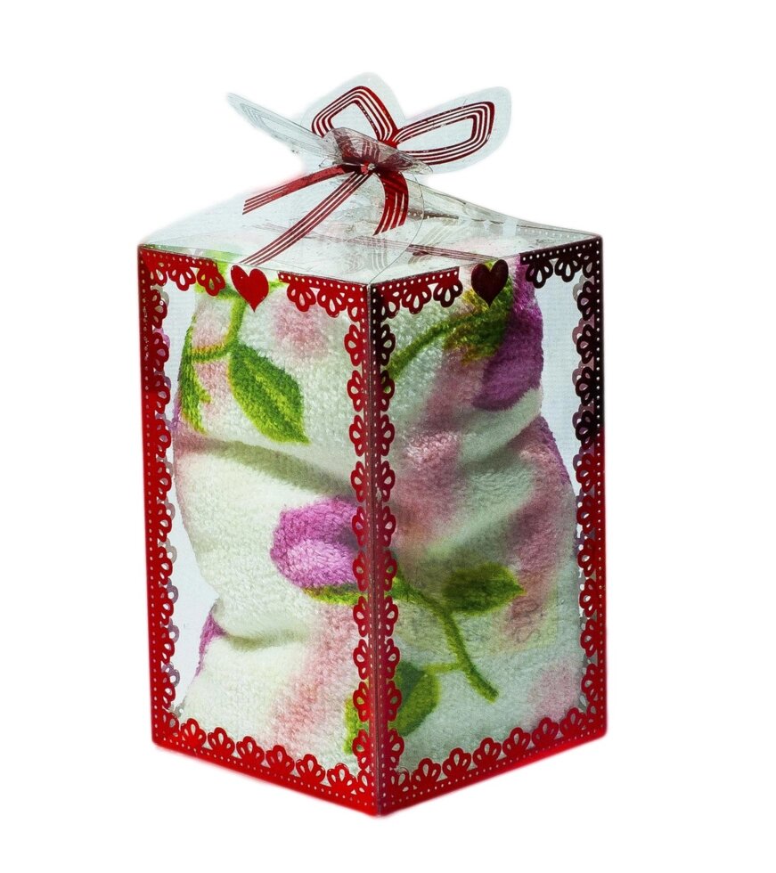 Полотенце в подарочной упаковке (белое с розовыми цветами), 11 см от компании Интернет-магазин VPROK_kz - фото 1