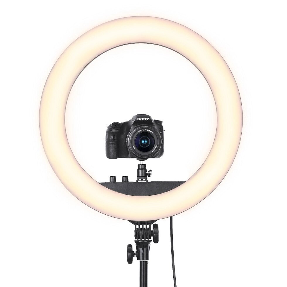 Селфи лампа, кольцевая на подставке с креплением для фотоаппата и зеркалом, 44 см от компании Интернет-магазин VPROK_kz - фото 1