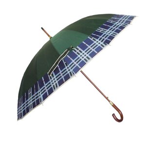 Зонт-трость с деревянной ручкой, полуавтомат, зеленый с кантом